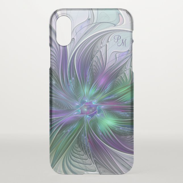 Purple Green Flower Abstract Art Fractal Monogram Uncommon iPhone Case (Back)