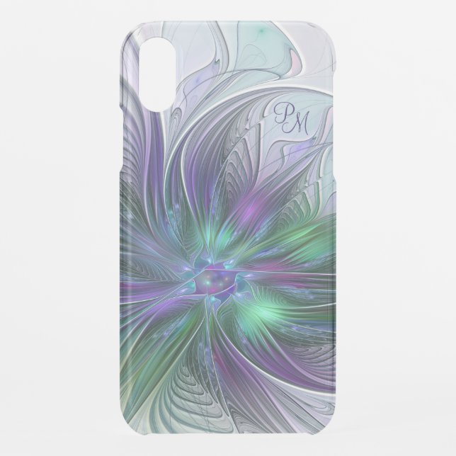 Purple Green Flower Abstract Art Fractal Monogram Uncommon iPhone Case (Back)