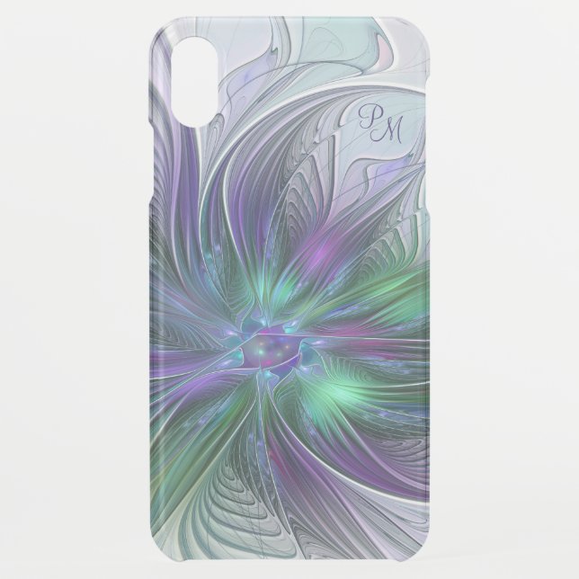Purple Green Flower Abstract Art Fractal Monogram Uncommon iPhone Case (Back)