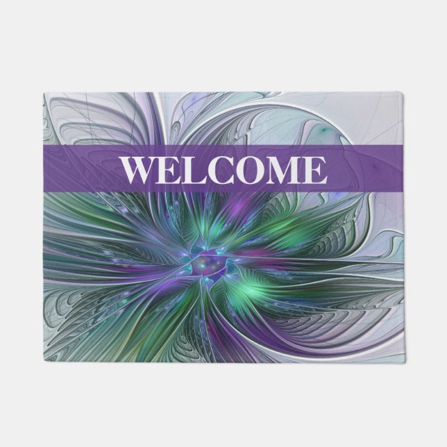 Purple Green Flower Abstract Art Fractal Welcome Doormat (Front)