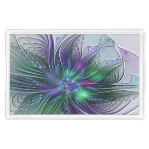 Purple Green Flower Modern Abstract Art Fractal Acrylic Tray