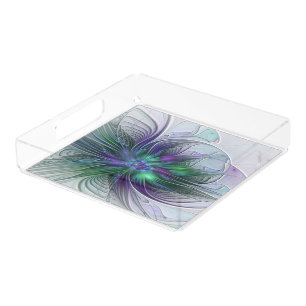Purple Green Flower Modern Abstract Art Fractal Acrylic Tray