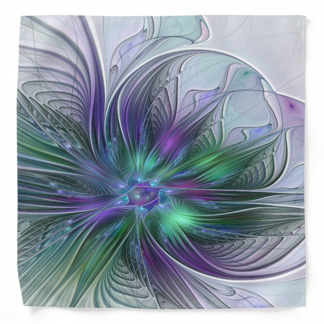 Purple Green Flower Modern Abstract Art Fractal Bandana (Front)