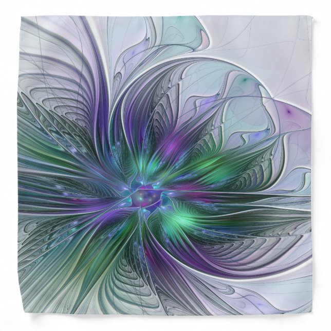 Purple Green Flower Modern Abstract Art Fractal Bandana (Front)