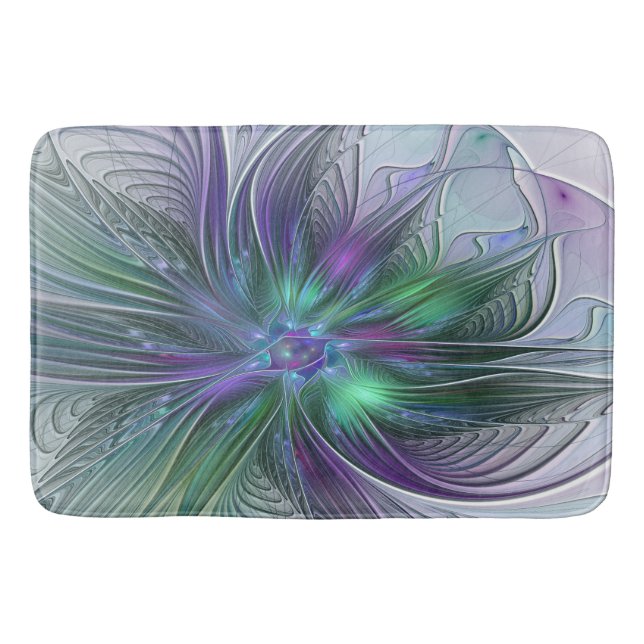 Purple Green Flower Modern Abstract Art Fractal Bath Mat (Front)