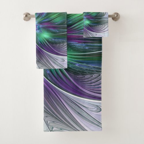 Purple Green Flower Modern Abstract Art Fractal Bath Towel Set