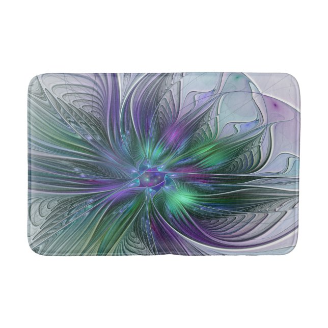 Purple Green Flower Modern Abstract Art Fractal Bathroom Mat (Front)
