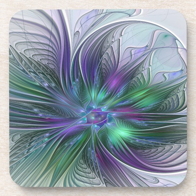 Purple Green Flower Modern Abstract Art Fractal Beverage Coaster (Front)