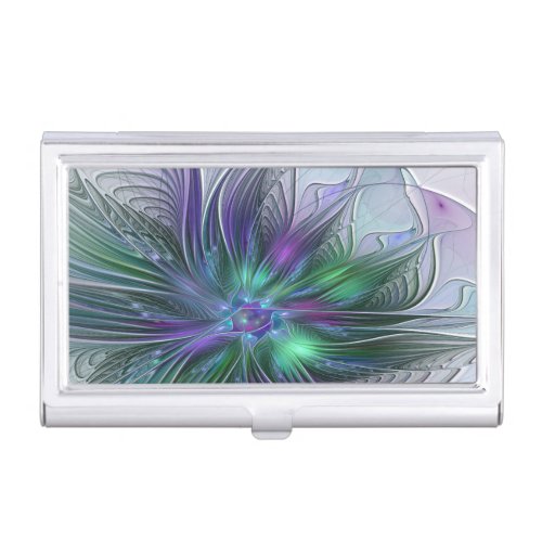 Purple Green Flower Modern Abstract Art Fractal Business Card Case