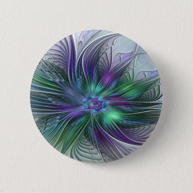 Purple Green Flower Modern Abstract Art Fractal Button (Front)