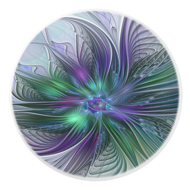 Purple Green Flower Modern Abstract Art Fractal Ceramic Knob (Front)