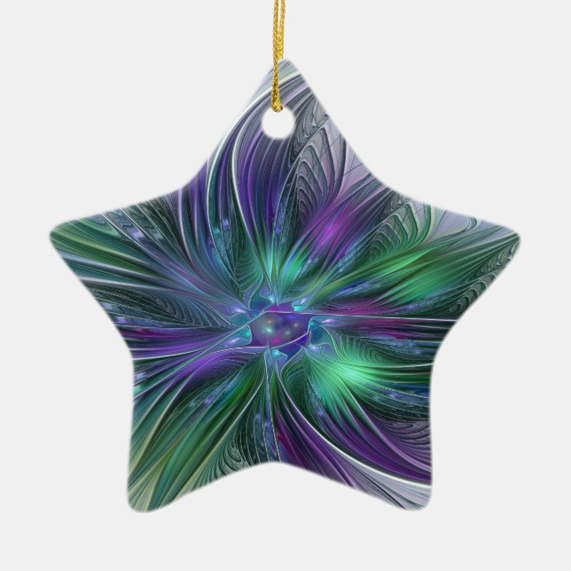 Purple Green Flower Modern Abstract Art Fractal Ceramic Ornament (Front)