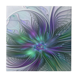 Purple Green Flower Modern Abstract Art Fractal Ceramic Tile