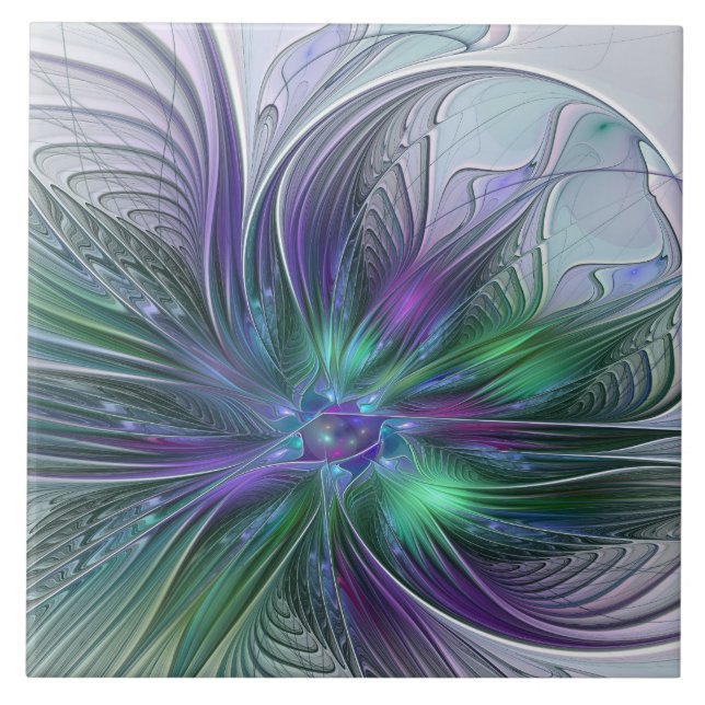 Purple Green Flower Modern Abstract Art Fractal Ceramic Tile (Front)