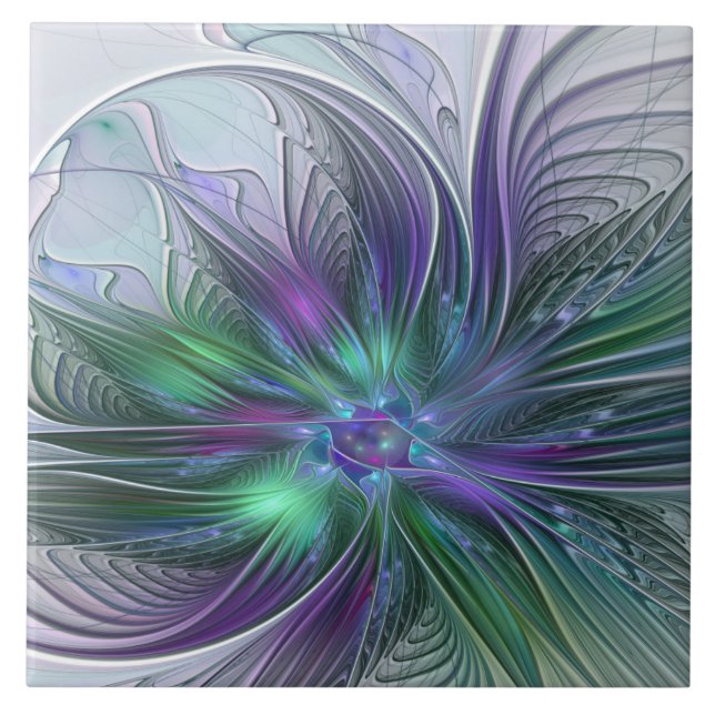 Purple Green Flower Modern Abstract Art Fractal Ceramic Tile (Front)