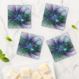 Purple Green Flower Modern Abstract Art Fractal Coaster Set