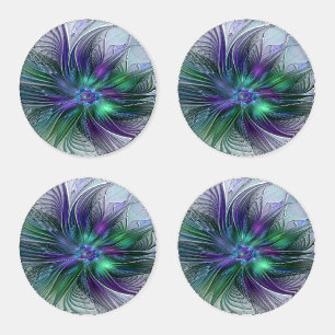 Purple Green Flower Modern Abstract Art Fractal Coaster Set