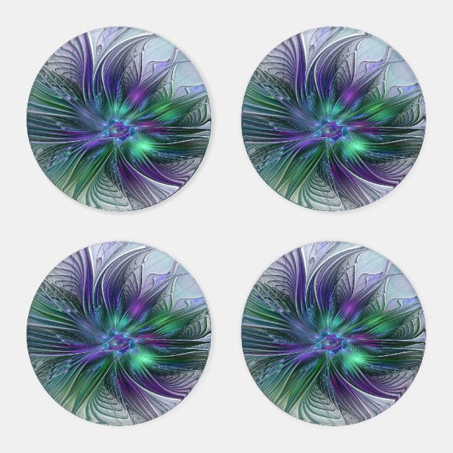 Purple Green Flower Modern Abstract Art Fractal Coaster Set (Set)