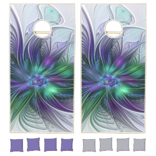 Purple Green Flower Modern Abstract Art Fractal Cornhole Set