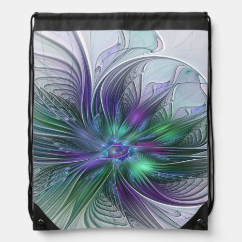 Purple Green Flower Modern Abstract Art Fractal Drawstring Bag