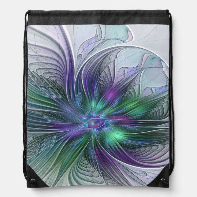 Purple Green Flower Modern Abstract Art Fractal Drawstring Bag (Front)