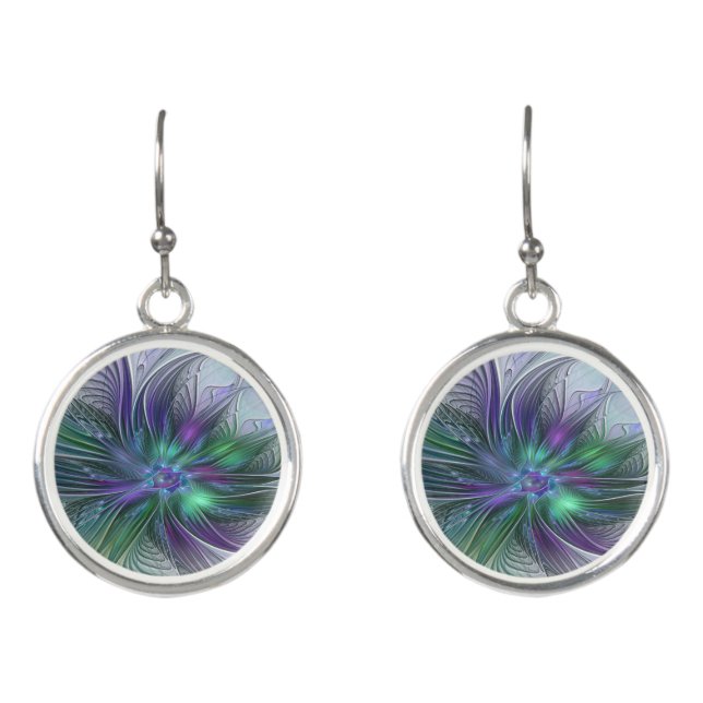 Purple Green Flower Modern Abstract Art Fractal Earrings (Front)