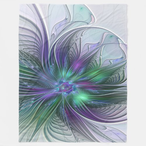 Purple Green Flower Modern Abstract Art Fractal Fleece Blanket