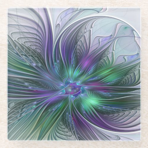 Purple Green Flower Modern Abstract Art Fractal Glass Coaster