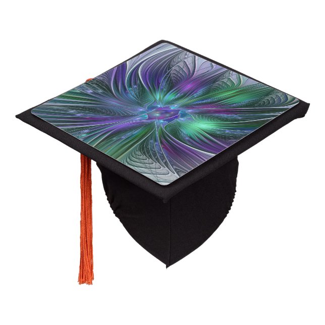 Purple Green Flower Modern Abstract Art Fractal Graduation Cap Topper (Angled)