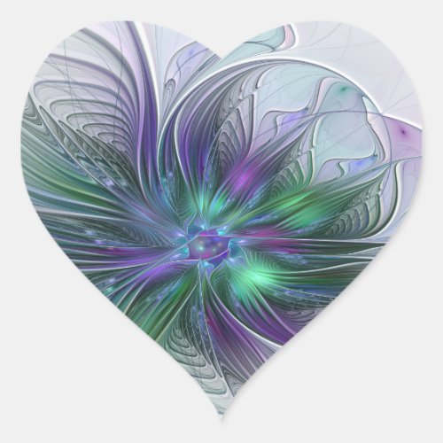Purple Green Flower Modern Abstract Art Fractal Heart Sticker