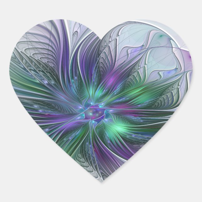 Purple Green Flower Modern Abstract Art Fractal Heart Sticker (Front)
