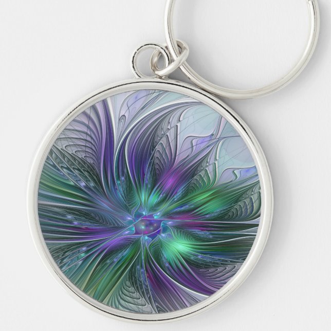 Purple Green Flower Modern Abstract Art Fractal Keychain (Front)