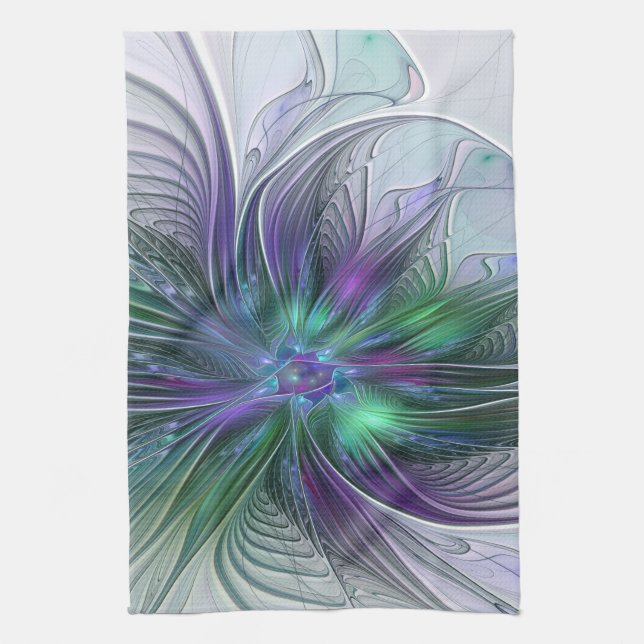 Purple Green Flower Modern Abstract Art Fractal Kitchen Towel (Vertical)