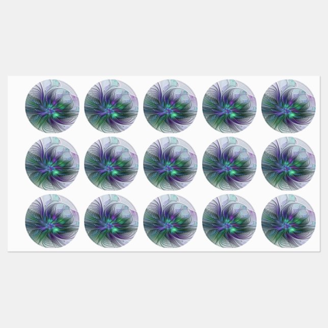 Purple Green Flower Modern Abstract Art Fractal Labels (Sheet)