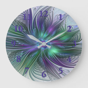 Purple Green Flower Modern Abstract Art Fractal Large Clock