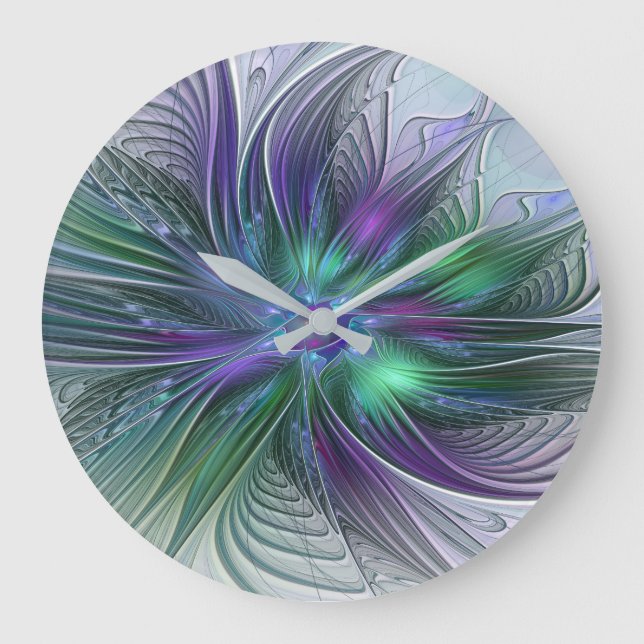 Purple Green Flower Modern Abstract Art Fractal Large Clock (Front)