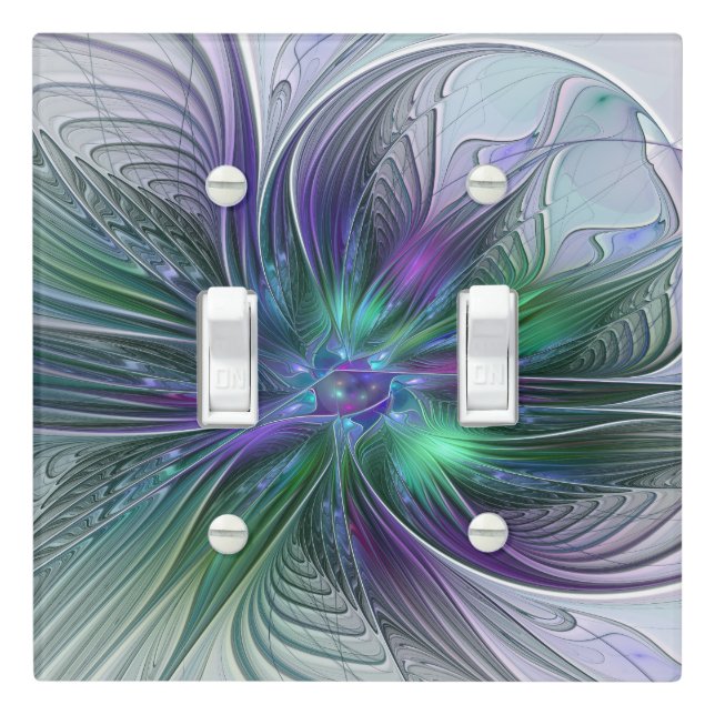 Purple Green Flower Modern Abstract Art Fractal Light Switch Cover (In Situ)