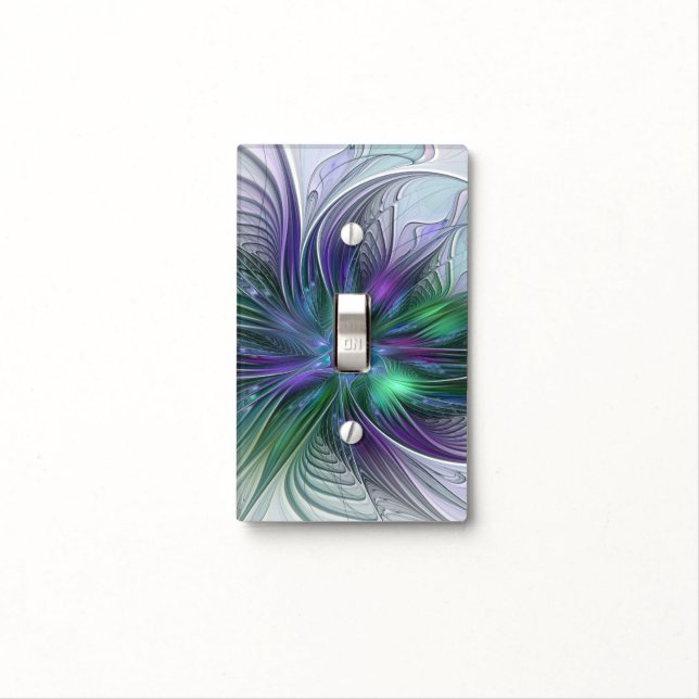 Purple Green Flower Modern Abstract Art Fractal Light Switch Cover (In Situ)
