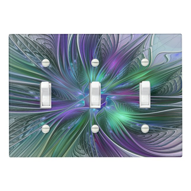 Purple Green Flower Modern Abstract Art Fractal Light Switch Cover (In Situ)