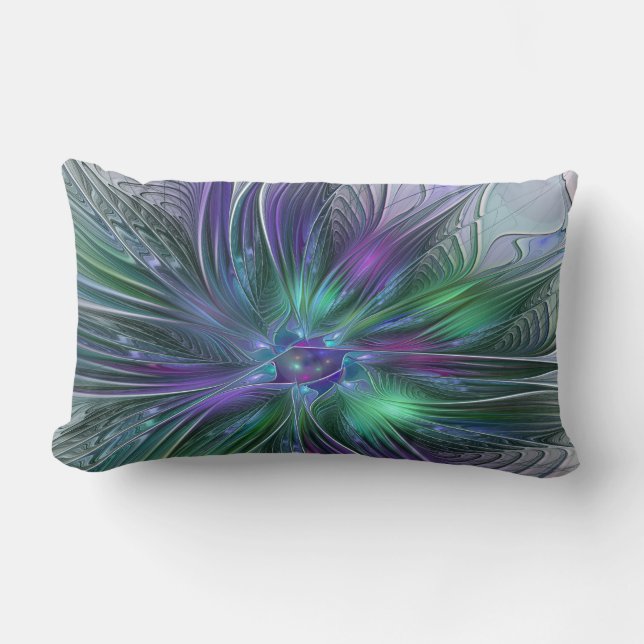 Purple Green Flower Modern Abstract Art Fractal Lumbar Pillow (Front)