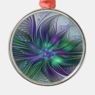 Purple Green Flower Modern Abstract Art Fractal Metal Ornament