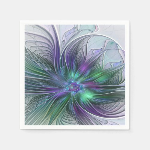 Purple Green Flower Modern Abstract Art Fractal Napkins