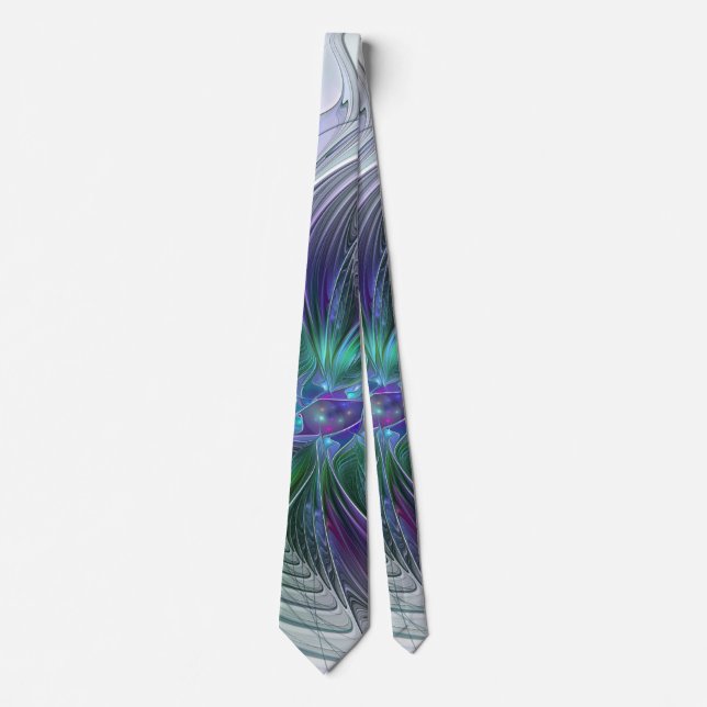 Purple Green Flower Modern Abstract Art Fractal Neck Tie (Front)