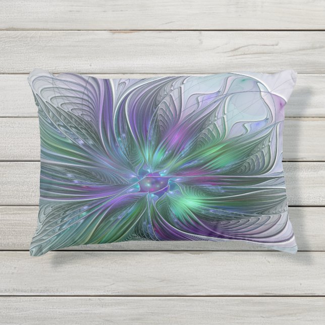 Purple Green Flower Modern Abstract Art Fractal Outdoor Pillow (Front)