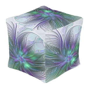 Purple Green Flower Modern Abstract Art Fractal Outdoor Pouf