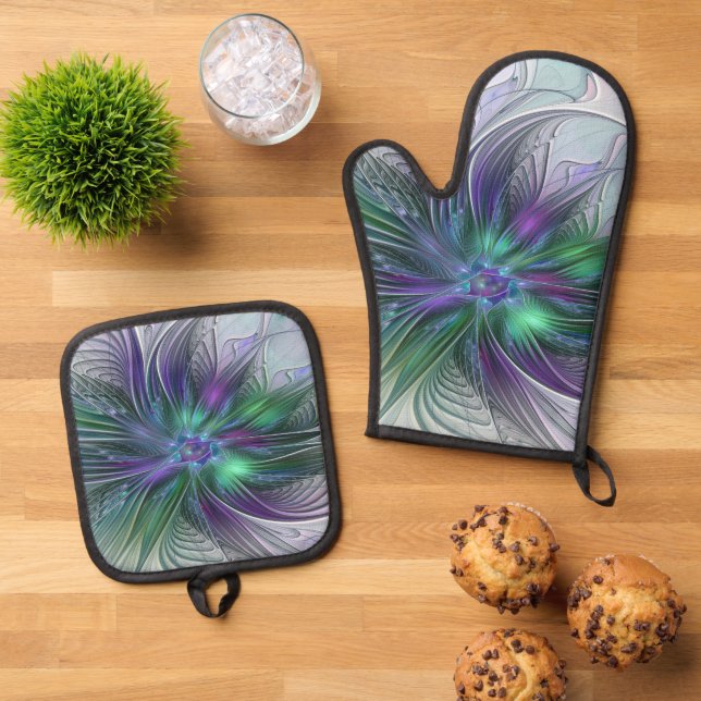 Purple Green Flower Modern Abstract Art Fractal Oven Mitt & Pot Holder Set (Top Down)
