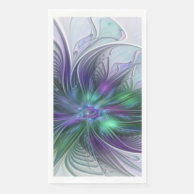 Purple Green Flower Modern Abstract Art Fractal Paper Guest Towels (Front)