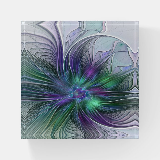Purple Green Flower Modern Abstract Art Fractal Paperweight (Front)