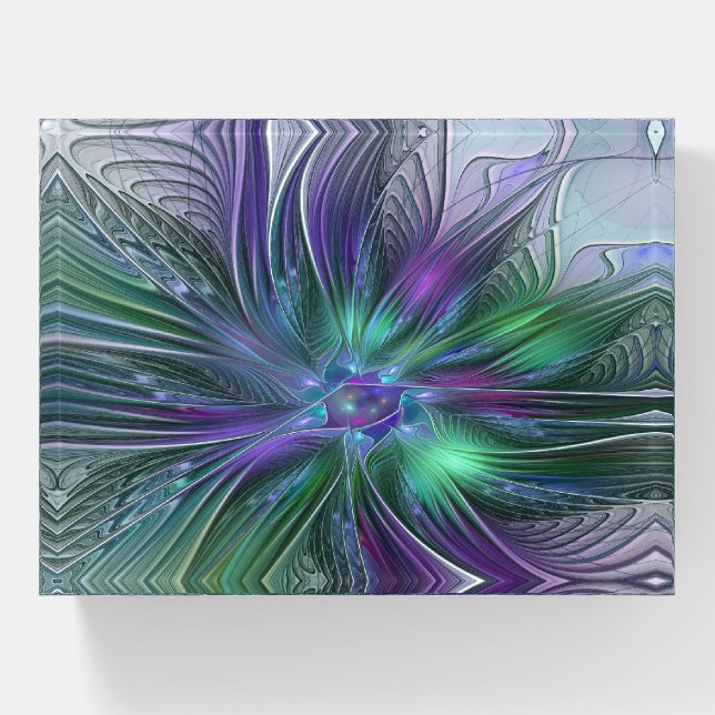 Purple Green Flower Modern Abstract Art Fractal Paperweight (Front)