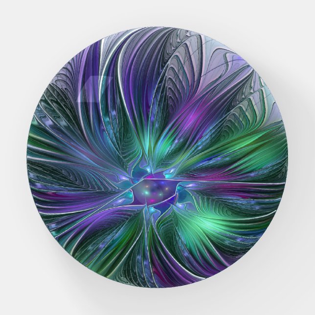 Purple Green Flower Modern Abstract Art Fractal Paperweight (Front)